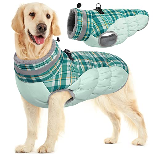 Dog Jacket for Large Dogs Warm Dog Jackets with Harness Built in (Green Plaid / L(chest:24in))