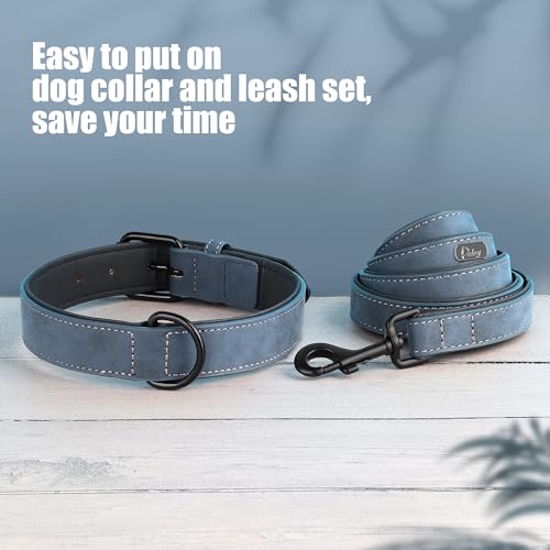 PU Leather Dog Collar and Leash Set (M: Neck 11-15", Width ¾" / Blue Set)