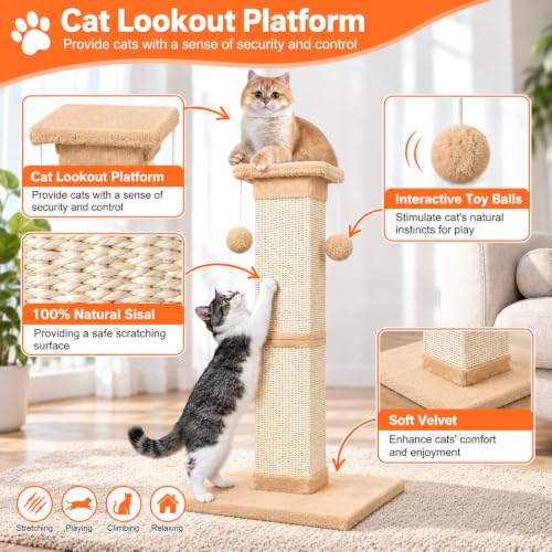 Cat Scratching Post 33 Inch Nature Sisal Cat Scratch Post for Indoor Cats (Orange)