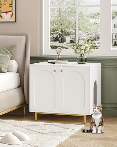 Cat Litter Box Enclosure (31.5"L x 21.7"W x 27.6"H / White and Gold)