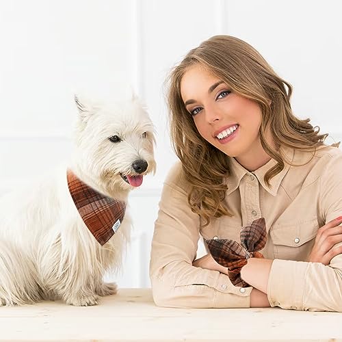 Fall Dog Bandanas Matching Dog Bandana and Scrunchie Medium Large (01-brown orange-plaid / Large)