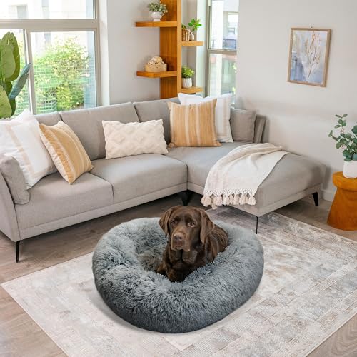 Original Calming Donut Dog Bed (Gray Shag / Large)