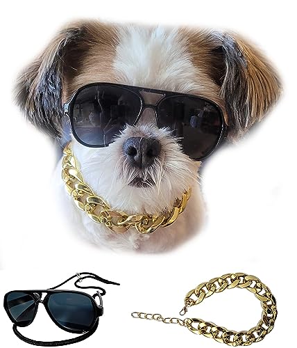 C02 Dog Pet 2pcs Costume Aviator Sunglasses with Chain Necklace for Small Breed up to 15lbs (S, Up to 15lbs, Aviator Black+Gold Chain)