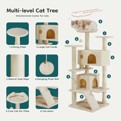 54 inch Indoor Cat Tree Tower (Beige / 54'' × 19.8'' × 19.8'')