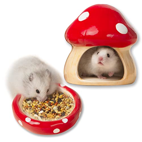 Ceramic Mushroom Hamster Hideout with Food Bowl (Red)