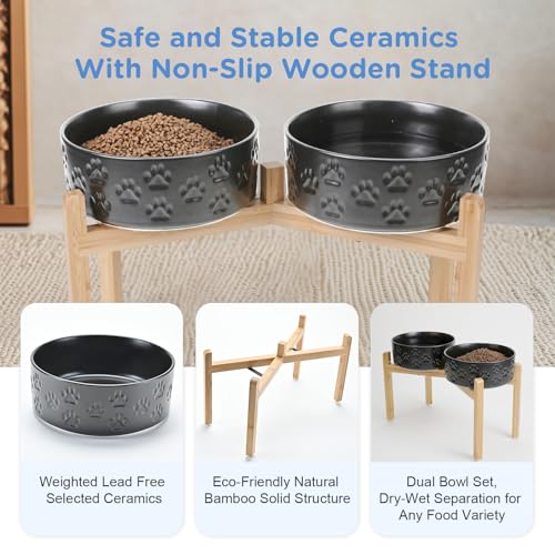 Elevated Dog Bowls Ceramic (8.3 in - 7.6 cups / Paw Black)