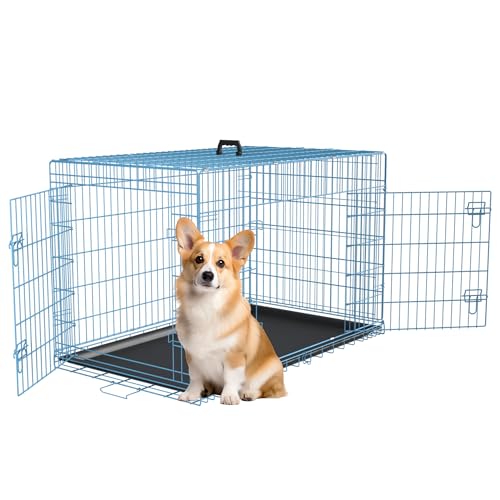 30 inch Dog Crate Dog Kennel Cage with Double Door Folding Metal Wire Dog Cage with Removable Tray&Divider Panel (Blue / 30.0"L x 18.0"W x 20.0"H)