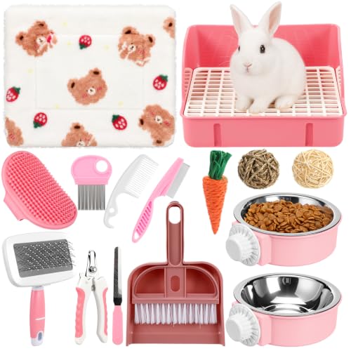 15 Pcs Rabbit Starter Kit Small Rabbit Litter Box Girls Gift Animal Grooming Kit Bunny Toys Bowl Blankets with Cleaning Set for Guinea Pig Accessories (Bright Pink‌)