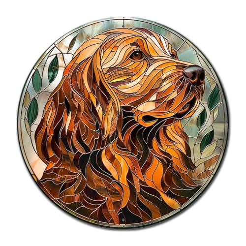 Metal Sign Tin Sign Circular Stained Glass Dog Funny Gardening Gift for Patio 12×12 Inches (12×12 Inches / Dog)