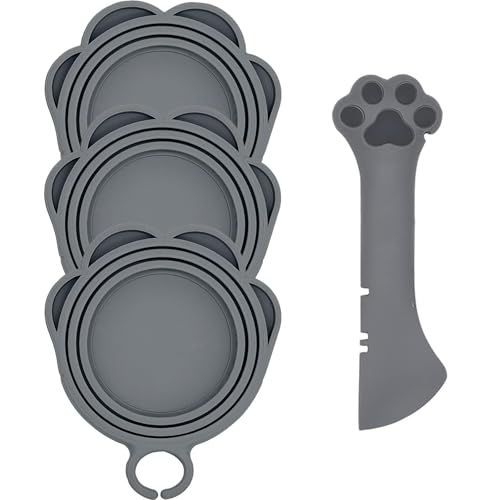 3 Pcs Cat Food Can Covers & One Can Opener (Cat Paw / Grey)