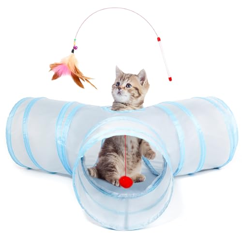 Cat Tunnel, 3-Way Collapsible Toy for Indoor Cats, Grey & Blue (Light Grey&Blue / Small)