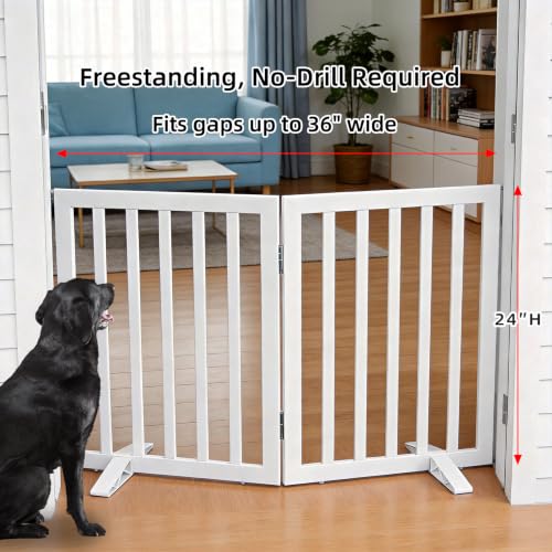 Freestanding Indoor Dog Gate for House Foldable Wood White Puppy Gate for Doorways Pet Gate for Stairs Extra Wide Pet Fence 24" Height 2 Panels (White / 【2 Panels】40''w x 24''h)