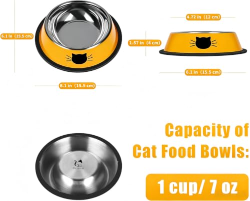 2 Pcs Non Slip Stainless Steel Small Cat Food Bowls (Yellow / 7 oz)