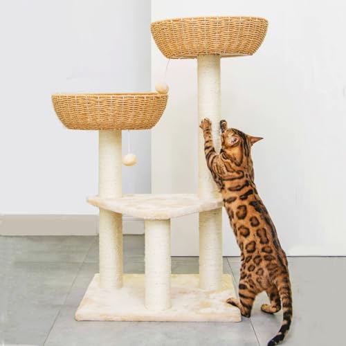 Cat Tree Tower with Rattan Wicker Basket (2 baskets)