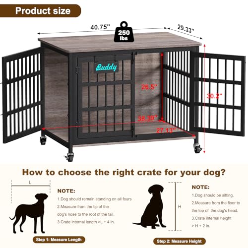 41"/33"/27" Dog Crate Furniture with Name Tag, Heavy Duty Dog Kennel Indoor for Medium Dogs, Double-Doors Sturdy Metal Dog Cage for Anxiety Dog, Decorate House as TV Stand, End Table (40.8"L x 29.3"W x 30.2"H / Grey)