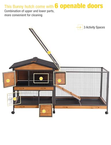 Rabbit Hutch Indoor Bunny Cage with Run Outdoor Rabbit House with Two Deeper No Leak Trays (Brown / 60.78"L x 22.6"W x 33.2"H)