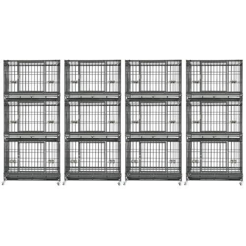 4 Pack Three Tier 37" Heavy Duty Stackable Dog Crate with Wheels (37"L x 22.5"W x 29.5"H - 3 Tiers - 4 Pack)