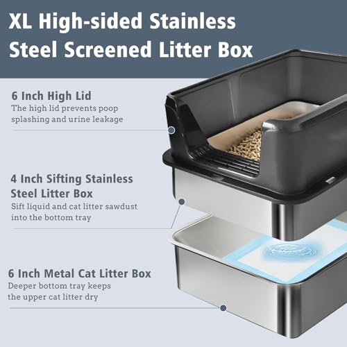 Stainless Steel Sifting Litter Box for Pine Pellets (Black / X-Large(24" x 16" x 12"))