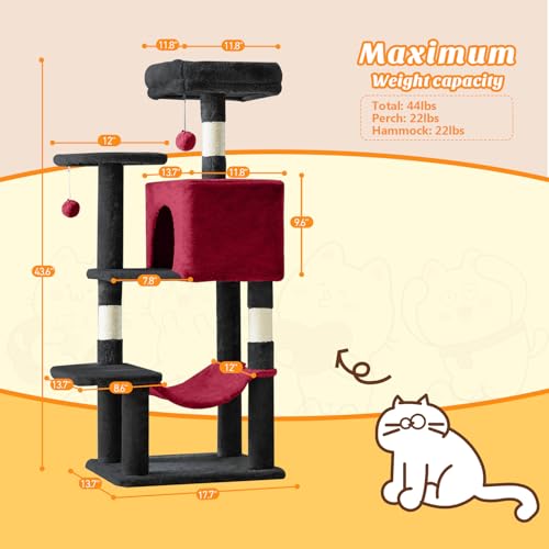 44 in Cat Tree Tower with Natural Sisal Scratching Posts (Black Red / 43.6"×13.7"×17.7")