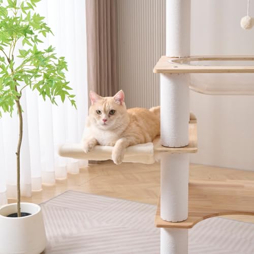 Modern Natural Wooden Wood Cat Tree Tower Condo (57 Inches - Solid Wood)