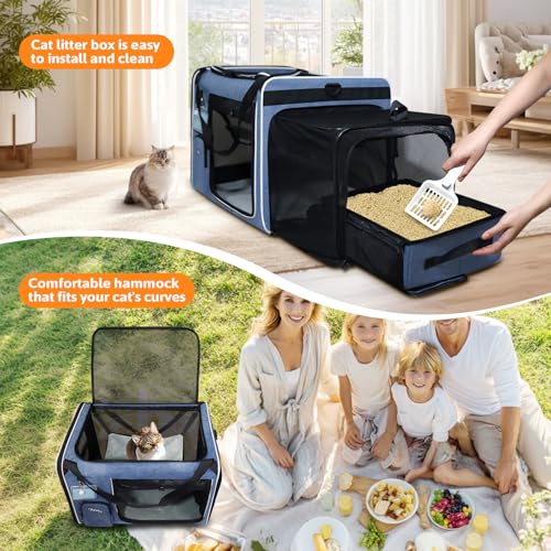 Side Expandable Extra Large Cat Carrier with Litter Box and Wheels (Blue with wheels)