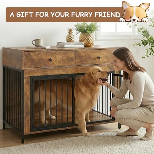 Large Dog Crate Furniture with 2 Drawers (Brown)