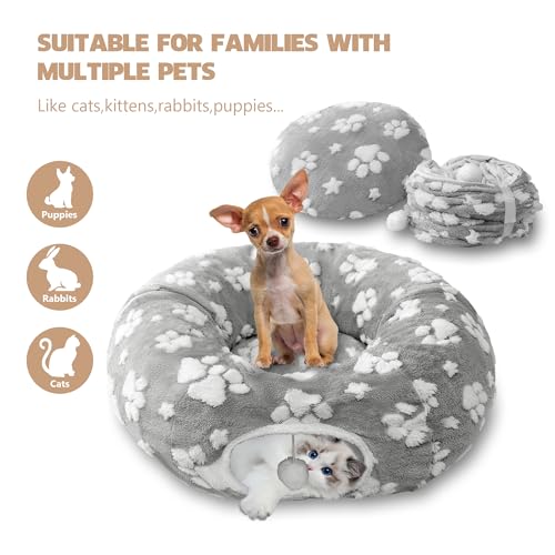 Cute Round Cat Tunnel for Indoor Cats (Grey Paw / Round)