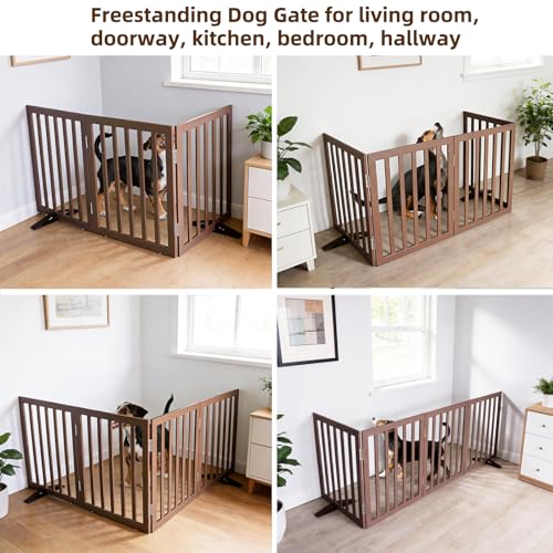Freestanding Indoor Dog Gate for House Foldable Wood Puppy Gate for Doorways Pet Gate for Stairs Extra Wide Pet Fence (Brown / 【3 Panels】60''w x 32''h)