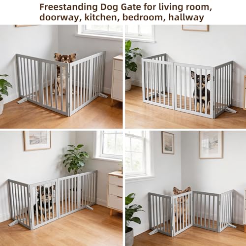 Freestanding Indoor Dog Gate for House Foldable Wood Puppy Gate for Doorways Pet Gate for Stairs Extra Wide Pet Fence (Gray / 【4 Panels】80''w x 24''h)
