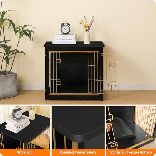 27" Dog Crate Furniture (Black+Gold / 27.2"L x 20.1"W x 23.6"H)