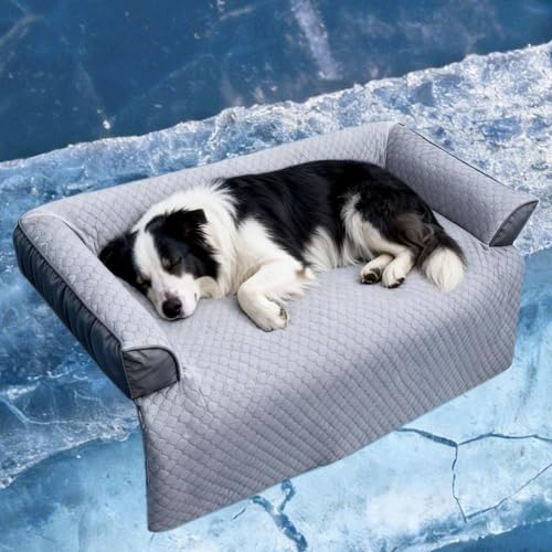 Cooling Dog Bed Mat with Bolster Pillow Washable Dog Couch Cover Breathable Summer Pet Couch Bed Protector Indoor (Cooling Grey / 45.0"L x 37.0"W x 6.0"Th)
