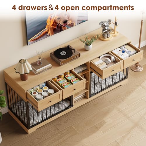 82" Double Dog Crate Furniture with Drawers and Shelves (Natural / 81.9"L x 23.6"W x 33.5"H)
