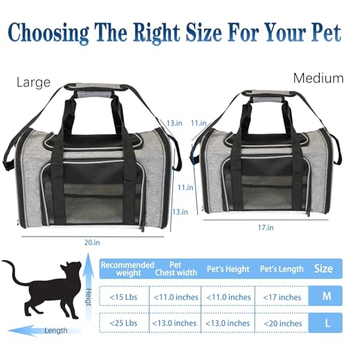 Dog Cat Carrier Pet Carriers for Large Cats Small Dogs Carrier Soft Sided Puppy up to 25Lbs Dog Carrier Portable Foldable Dog Cat Travel Carrier (20.0"L x 13.0"W x 13.0"H / Grey&Black)