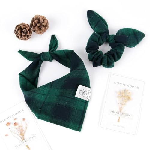 Dog Bandanas & Matching Scrunchie Set Plaid Dog Bibs Scarf Boy Triangle Kerchief Bandana for Small Dogs Puppy Birthday Gifts Pet Owner Mom Green Fall (02-plaid-green / Small)
