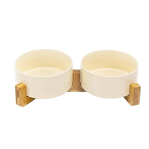 Ceramic Dog and Cat Bowl Set with Wooden Stand (3.6 cups / Beige × 2)