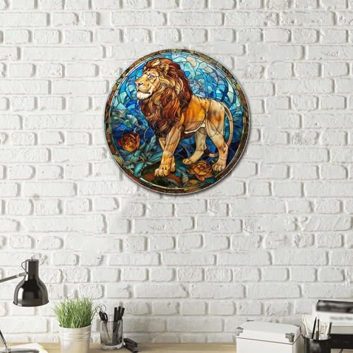 Metal Sign Tin Sign Circular Stained Glass Lion Metal Sign for Home Decor 8×8 Inches (8×8 Inches / Lion-2)