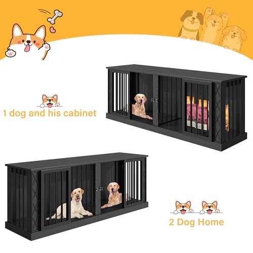 86.6" Wooden Double Dog Crate Furniture for 2 Large Dogs (Dark Black / 86.6"L x 23.6"W x 31.5"H)