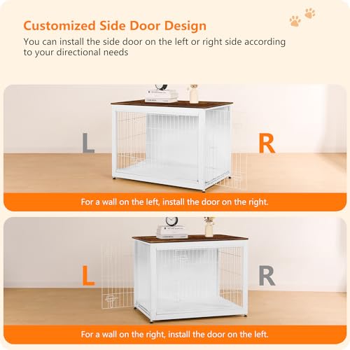 38.5" XL Dog Crate Furniture with Cushion (White+Rustic Brown / 38.5"L x 25.6"W x 26.8"H)