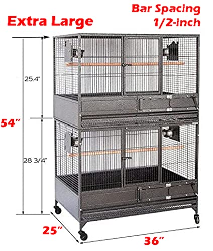 Extra Large Stackers Heavy Duty Wrought Iron Breeder Parrot Aviary Bird Breeding Rolling Cage with Side Nest Box Doors Metal Pull Out Grate and Tray (Black Vein)