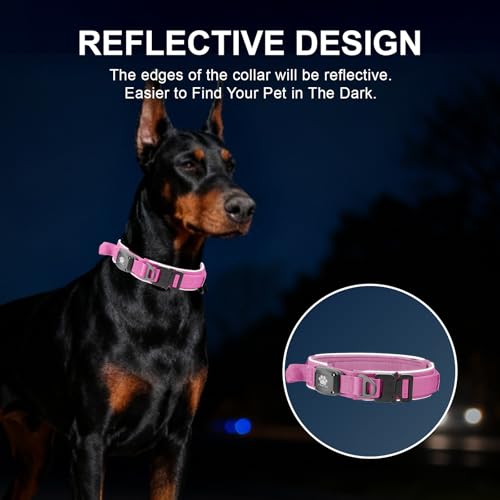 Tactical Dog Collar with IPX8 Waterproof AirTag Holder (Pink / XL(19.5"-24.8"))