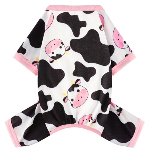 Dog Pajamas Small Sized Dogs Stretchable Summer Dog Clothes Pjs 4 Legs Girl Boy Cute Soft Puppy Outfits Doggie Cat Jammies Jumpsuit Sleeper for Pet (Pink Cow / Large (Chest 17in ))