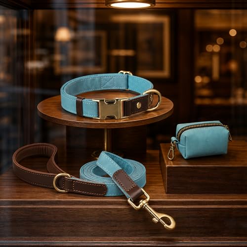 PU Leather Dog Collar for Small Dogs Puppy (Denim Blue / S: Neck 11-15", Width ⅝")