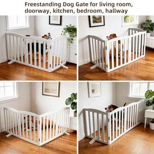 Foldable Freestanding Indoor Dog Gate for House Wood White Long Pet Gates Dog Fence for Stairs Puppy Gates for Hallways (White / 【3 Panels】60''w X 32''h)
