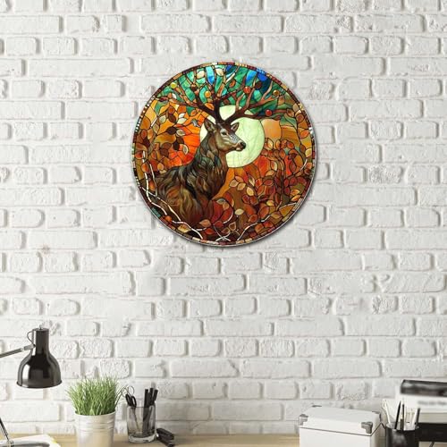 Metal Sign Tin Sign Circular Stained Glass Deer Gift For Gift 12×12 Inches (12×12 Inches / Deer-2)