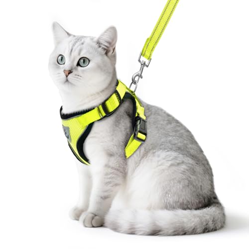 Cat Harness and Leash Set Escape Proof Reflective Cat Walking Harness Adjustable Soft Breathable Mesh Vest for Small Pets (S (NECK 9.5"-11", CHEST 13"-16") / Fluorescent Yellow)