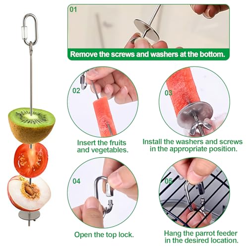 3 Pcs Bird Cage Food Holder Stainless Steel Parrot Fruit & Vegetable Skewer Hanging Foraging Toy for Parakeets (3 Pcs)