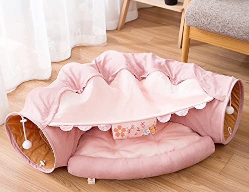 2 in 1 Cat Tunnel Bed Tube with Cushion and Plush Ball Toy Playground Crinkle Collapsible for Large Cats Kittens Kitty Puppy Small Dog Foldable Soft Pet Play Bed Indoor Outdoor