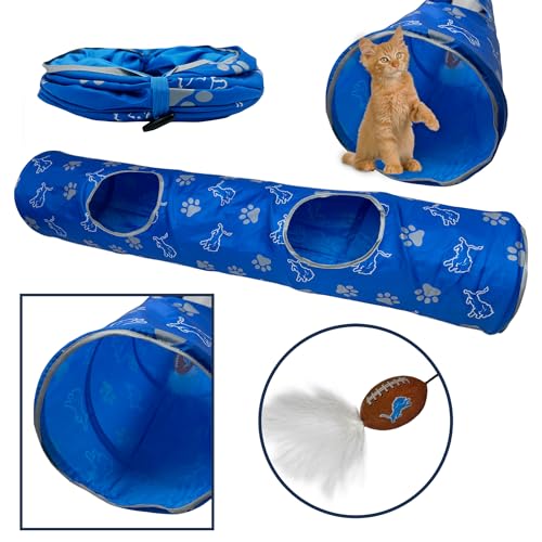 NFL Detroit Lions Cat Tunnel Tube Toy with Plush Football Catnip and Feathers Collapsible Tunnel for Cats to Play (Detroit Lions)