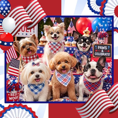 50 Pcs Veterans Day Dog Bandanas Bulk (Red White Blue Plaid / 19.7 x 13.8 x 13.8'')