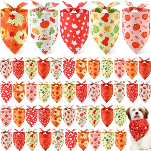 50 Pcs Thanksgiving Fall Dog Bandanas Bulk Pumpkin Maple Leaves Autumn Bandanas for Bibs Adjustable Scarf for Small Medium Large Pet Cat Costume (Leaves Pattern / 19.7 x 13.8 x 13.8 Inch)